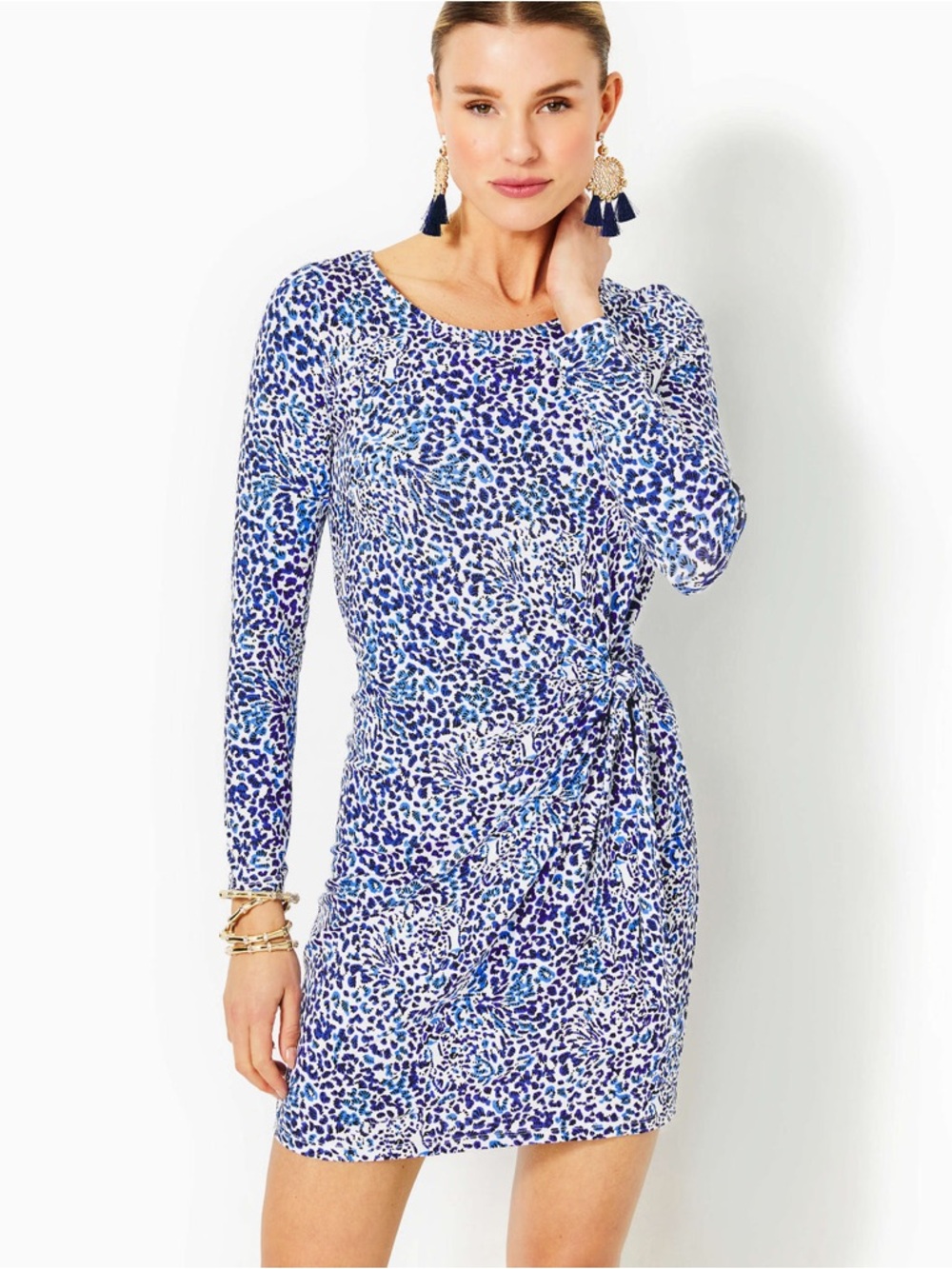 Lilly Pulitzer BRYSON LONG SLEEVE BLUE LEOPARD RESORT WHITE TWISTED UP DRES XL